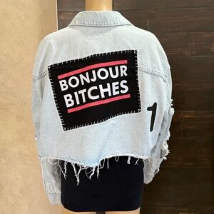 Upcycled Zara Bonjour Bitches Distressed Cropped Denim Jacket Size M